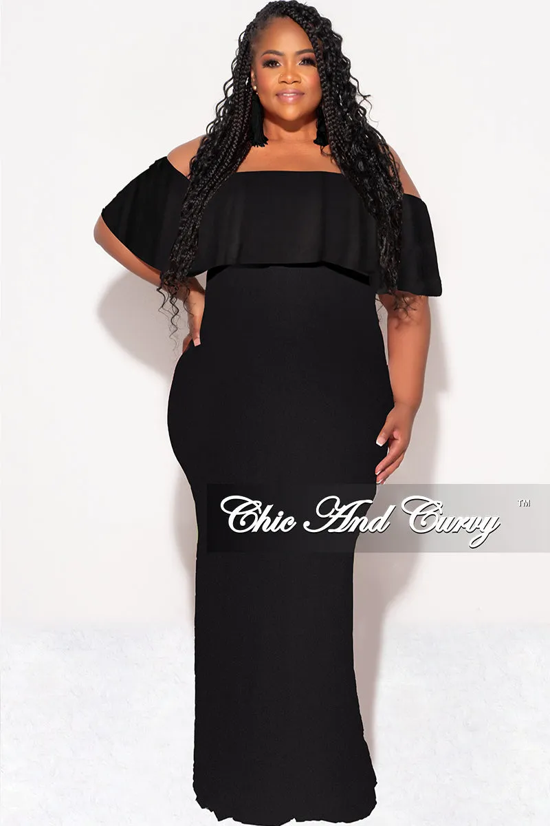 Everyday Comfort Wear Layer Comfort Final Sale Plus Size Off the Shoulder Ruffle Overlay Maxi Gown in Black