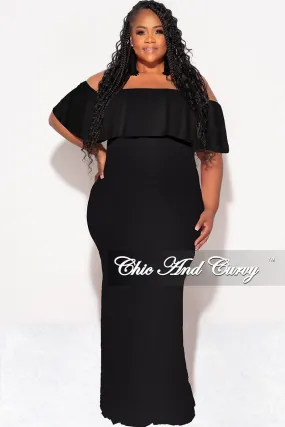 Final Sale Plus Size Off the Shoulder Ruffle Overlay Maxi Gown in Black Perfect Comfort Fit