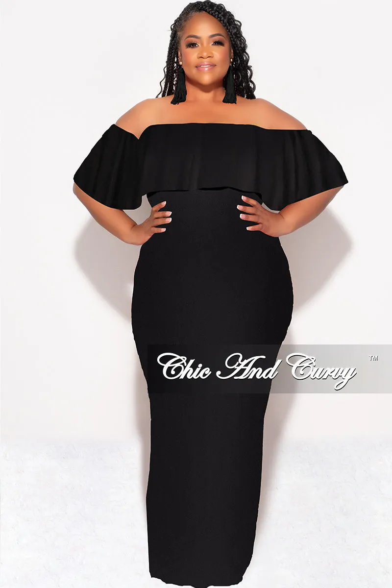 Breathable Style Soft and Stretchy Final Sale Plus Size Off the Shoulder Ruffle Overlay Maxi Gown in Black