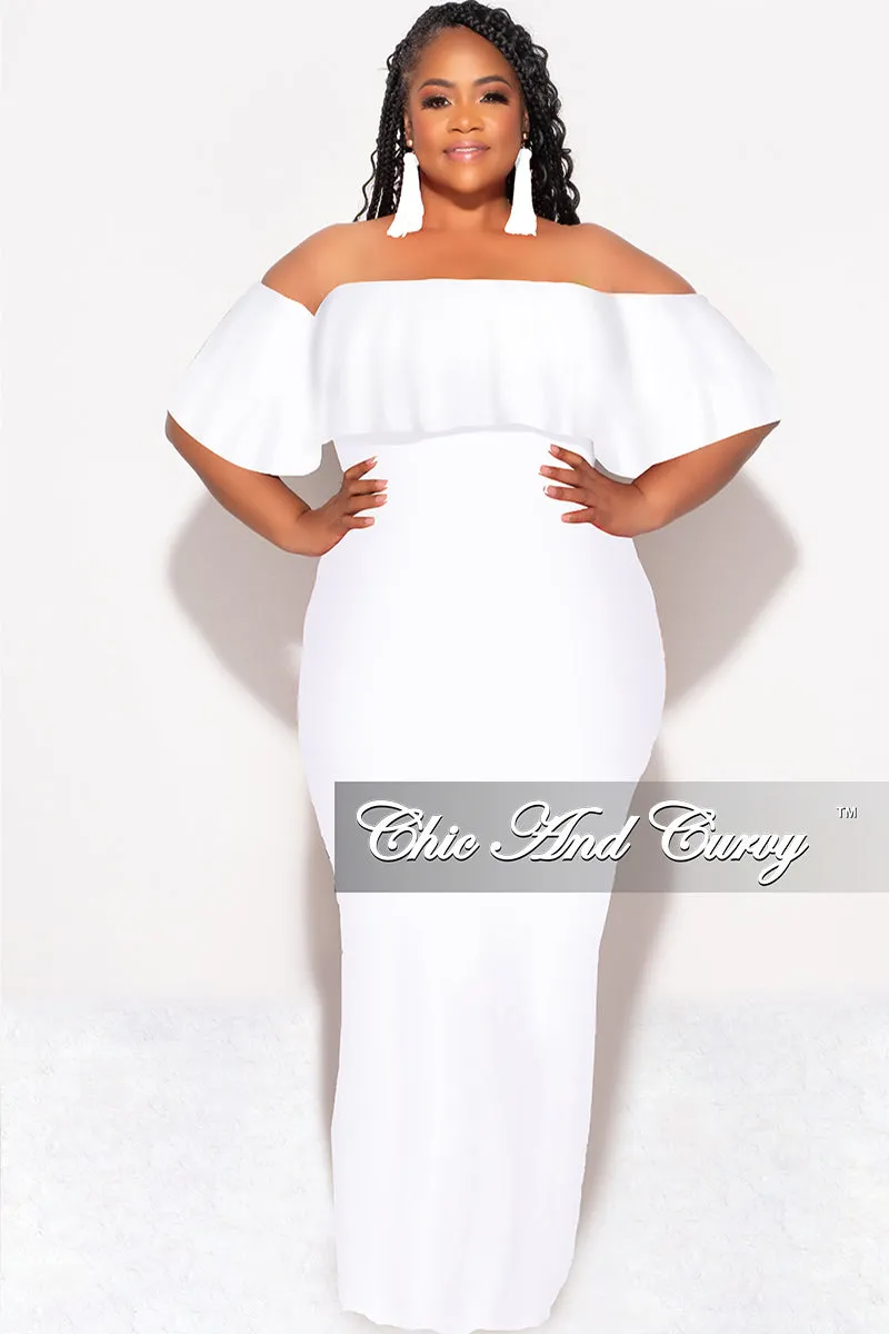 Final Sale Plus Size Off the Shoulder Ruffle Overlay Maxi Gown in White Reflective Trim OrganicCottonBlend