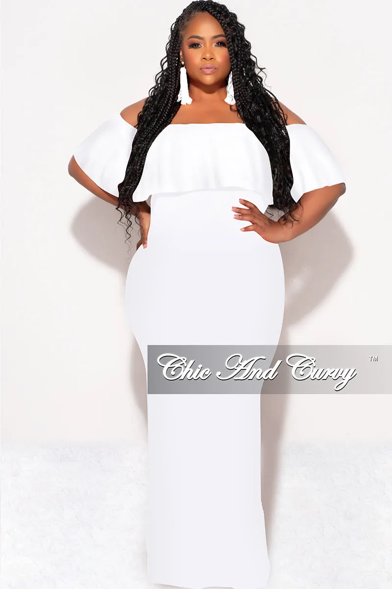 high waisted Light Fabric Final Sale Plus Size Off the Shoulder Ruffle Overlay Maxi Gown in White