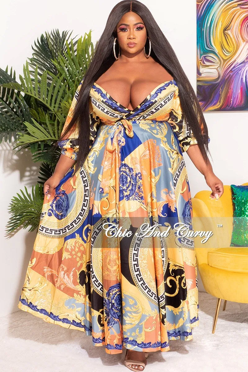 Layering Comfort Smart Look Final Sale Plus Size Off the Shoulder Satin Maxi Dress with Waist Tie in Yellow Royal Blue and Black Design Print