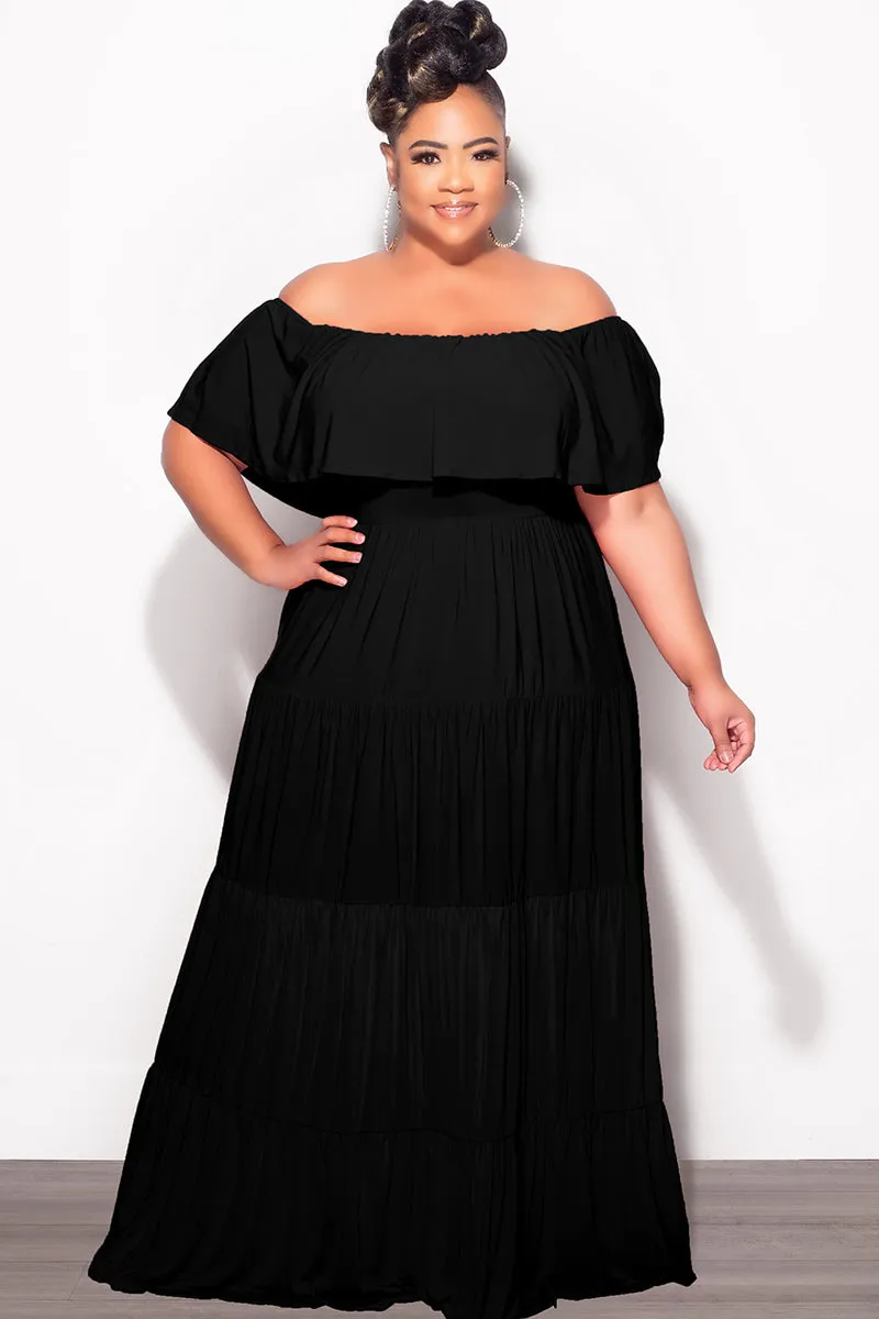 Easy Flex Design Move Freely Final Sale Plus Size Off The Shoulder Tiered Maxi Dress in Black
