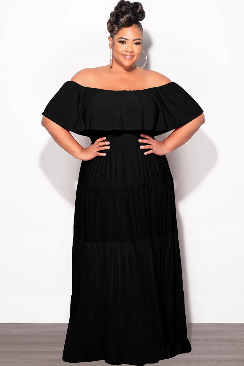 Final Sale Plus Size Off The Shoulder Tiered Maxi Dress in Black Comfortable Layering Casual Fit Design