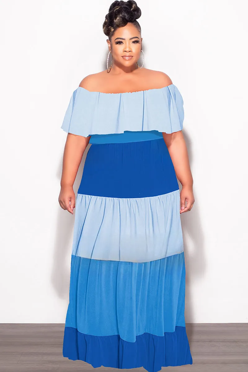 SnagFreeFabric OrganicCottonBlend Final Sale Plus Size Off The Shoulder Tiered Maxi Dress in in Baby Blue and Royal Blue