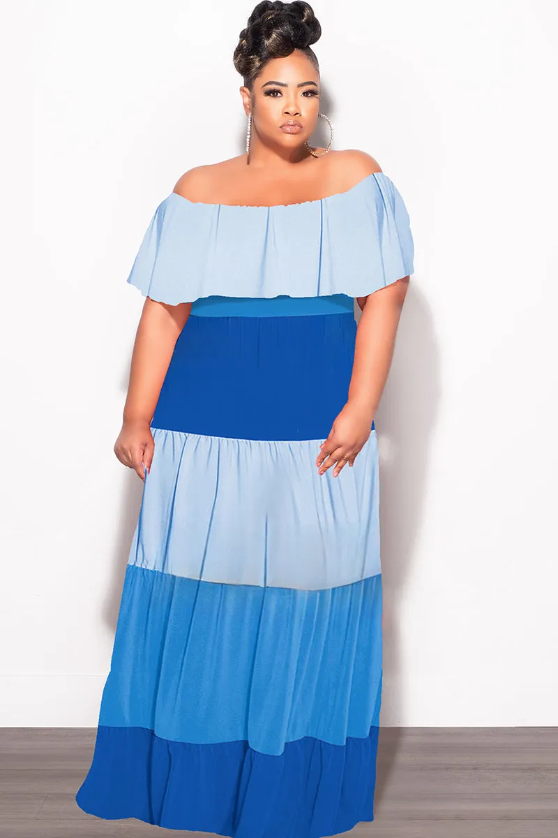 Chilly Day Layers ReinforcedPockets Final Sale Plus Size Off The Shoulder Tiered Maxi Dress in in Baby Blue and Royal Blue