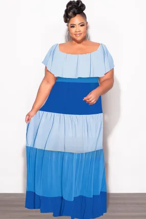Final Sale Plus Size Off The Shoulder Tiered Maxi Dress in in Baby Blue and Royal Blue Freedom Move Layered Protection