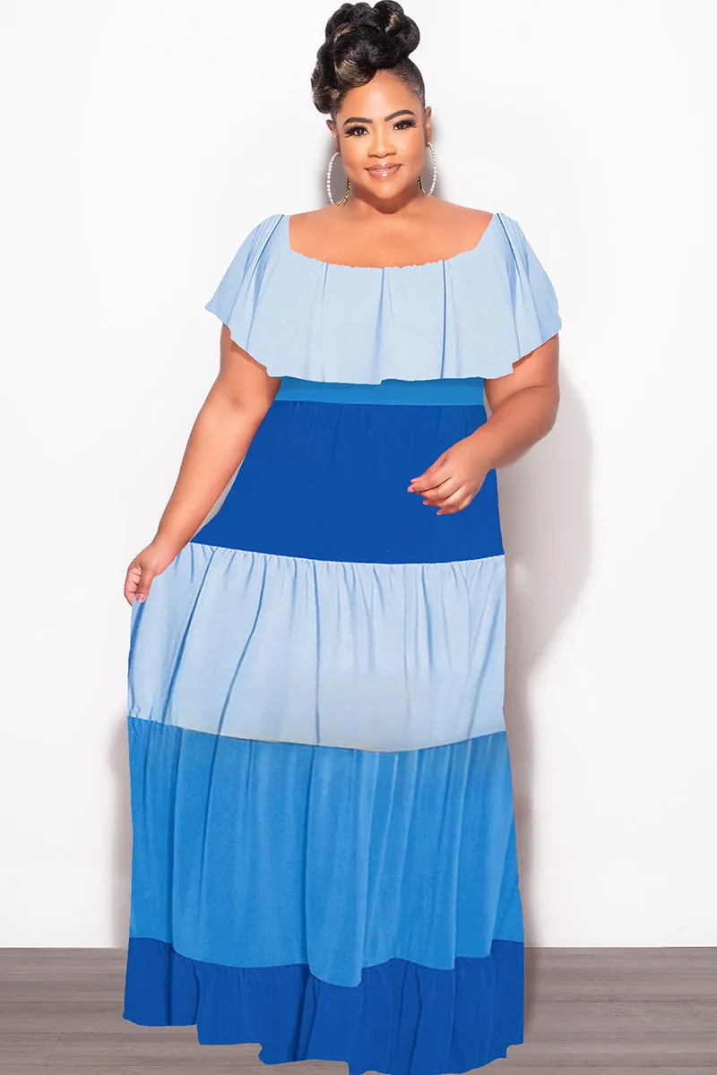 Chill Mode Final Sale Plus Size Off The Shoulder Tiered Maxi Dress in in Baby Blue and Royal Blue