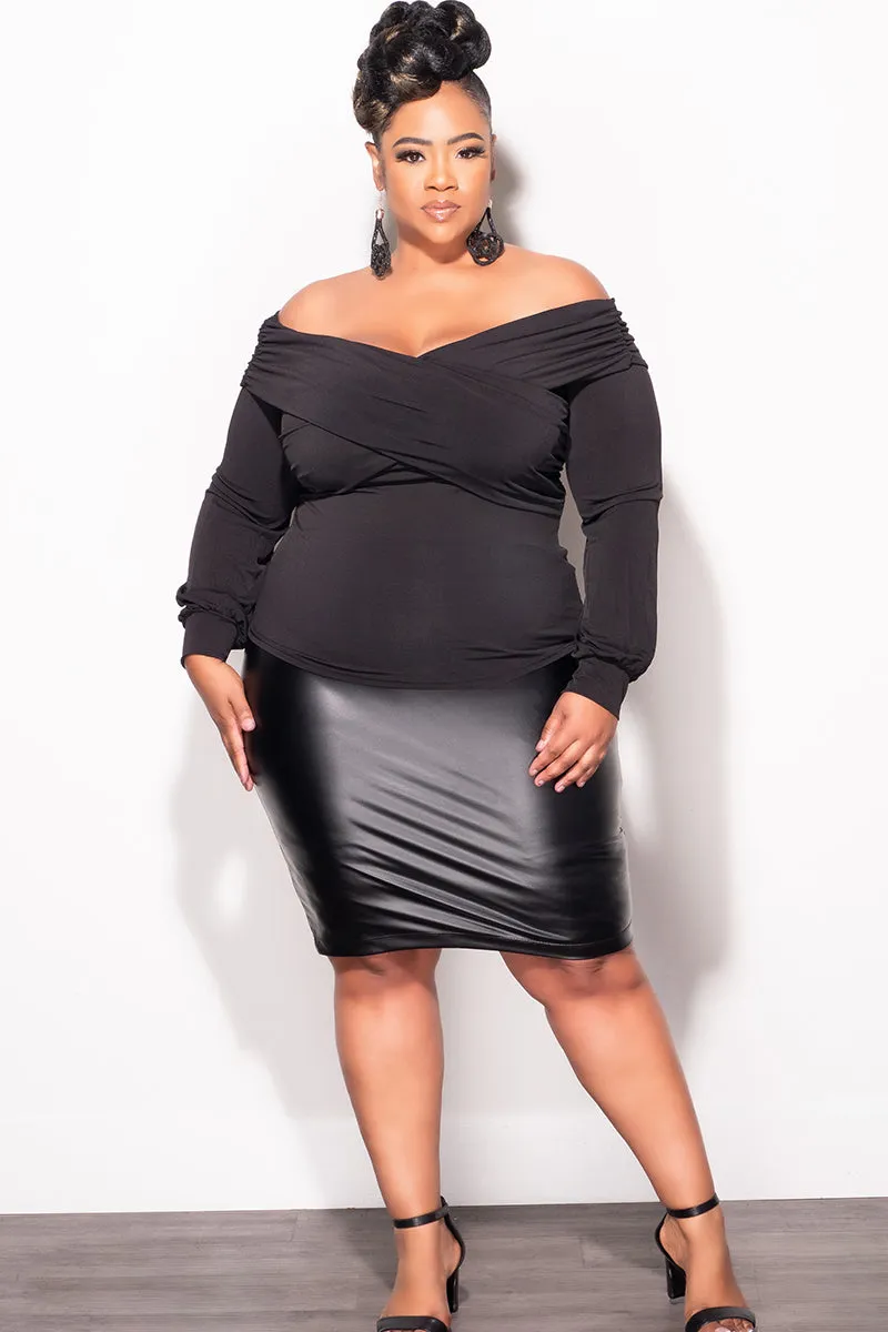 Airy Feel Trendy Cut Final Sale Plus Size Off The Shoulder Top Criss-Cross Top with Ruched Sides in Black