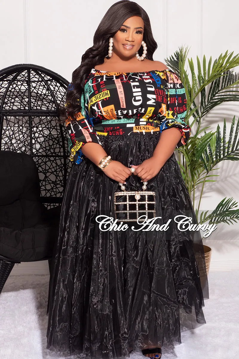 Quick Dry Technology Ultra Soft Inner Layer Final Sale Plus Size Off the Shoulder Top in Black Multi Color Pop Art Print (Top Only)
