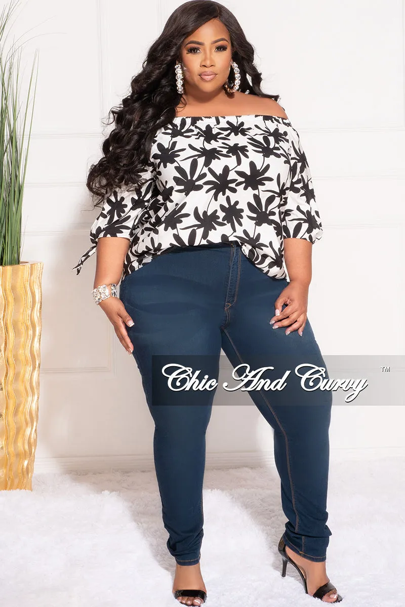 Comfy Cut High Waist Stretch Final Sale Plus Size Off the Shoulder Top in White and Black Chestnut Leaf Print