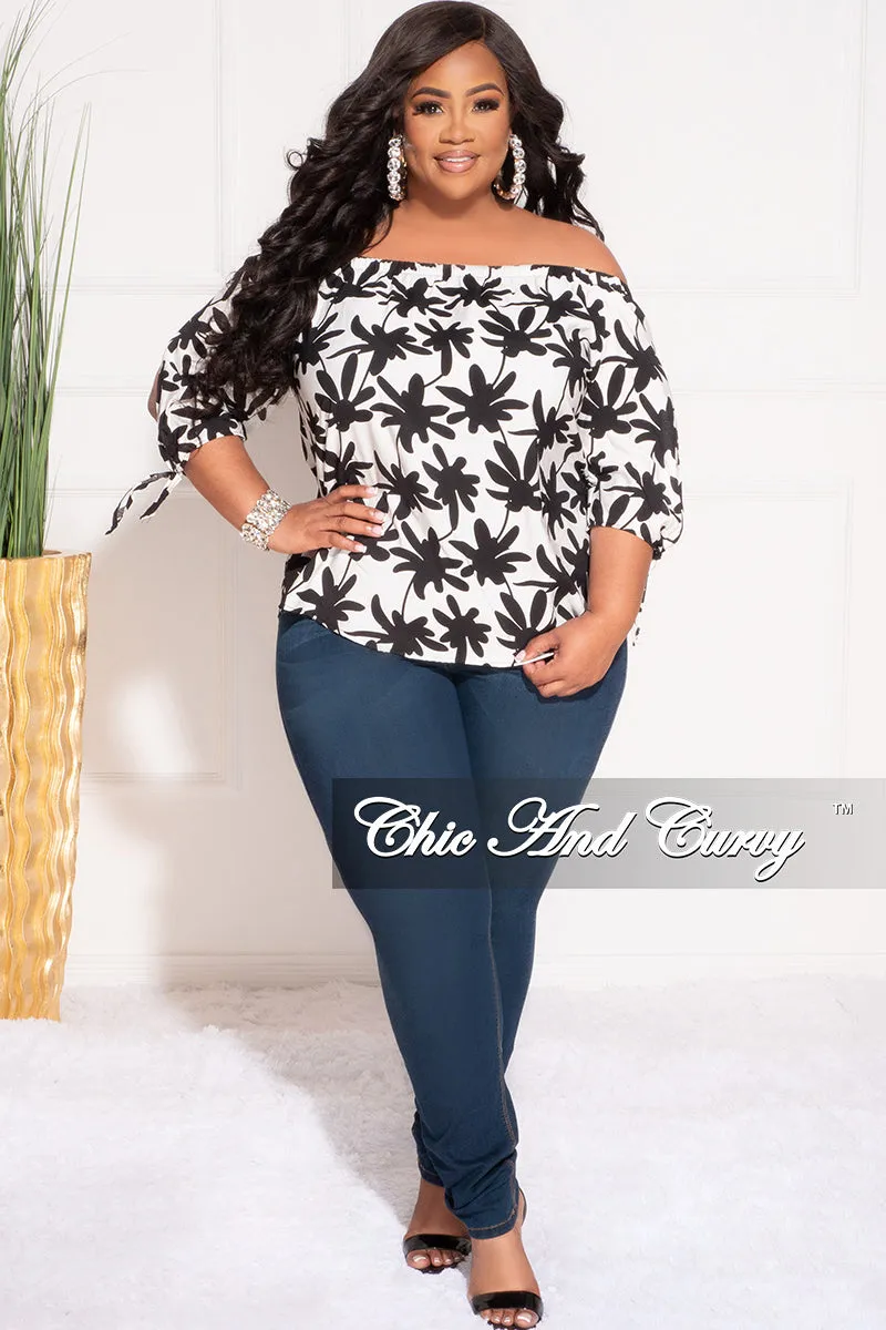 Easy Flex Design Stretchable Fit Final Sale Plus Size Off the Shoulder Top in White and Black Chestnut Leaf Print