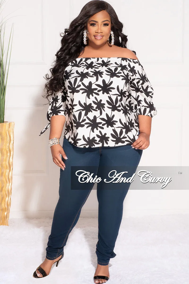 Sporty Comfort Wear Final Sale Plus Size Off the Shoulder Top in White and Black Chestnut Leaf Print