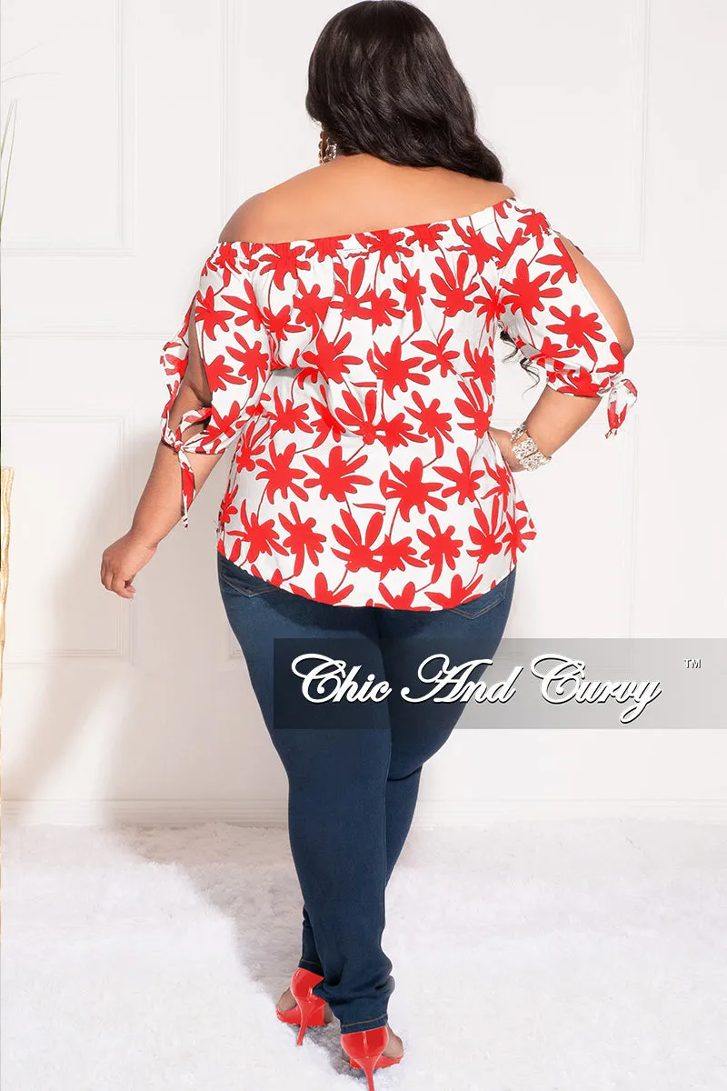 Performance Stretch Chic Design Final Sale Plus Size Off the Shoulder Top in White and Red Chestnut Leaf Print