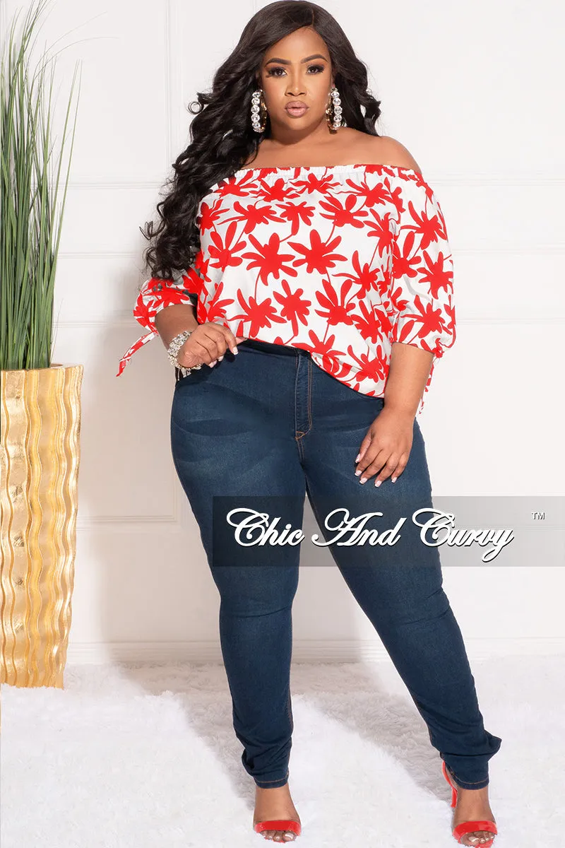 Final Sale Plus Size Off the Shoulder Top in White and Red Chestnut Leaf Print Abrasion Resistant Surface Refined fit