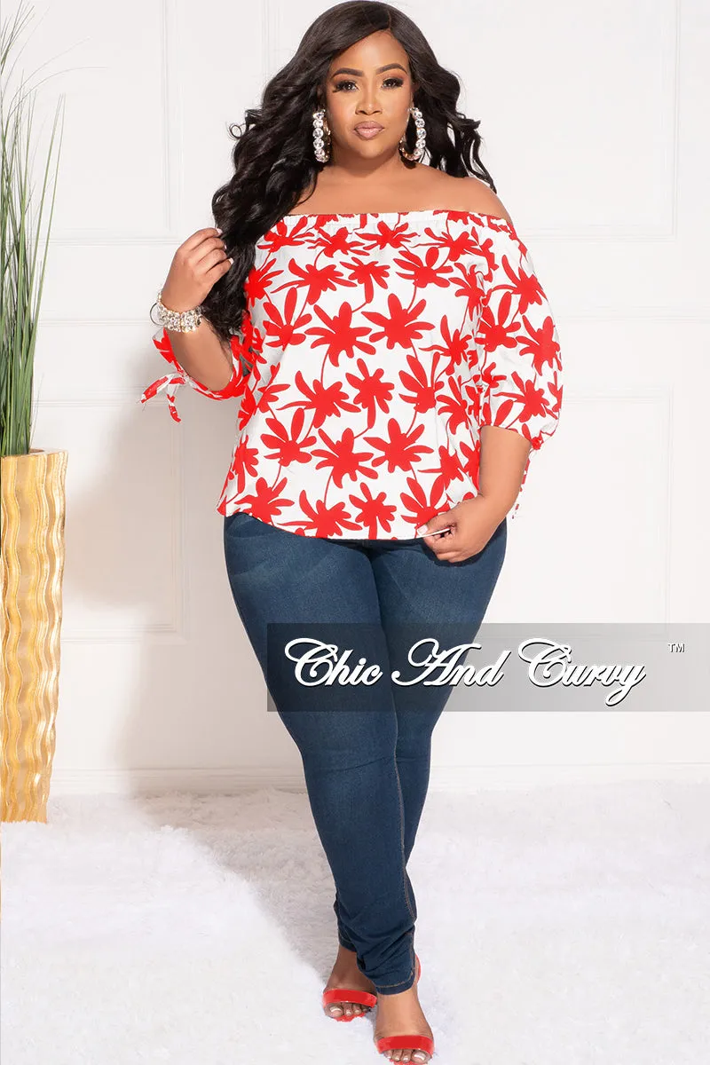 Final Sale Plus Size Off the Shoulder Top in White and Red Chestnut Leaf Print Minimalist Design