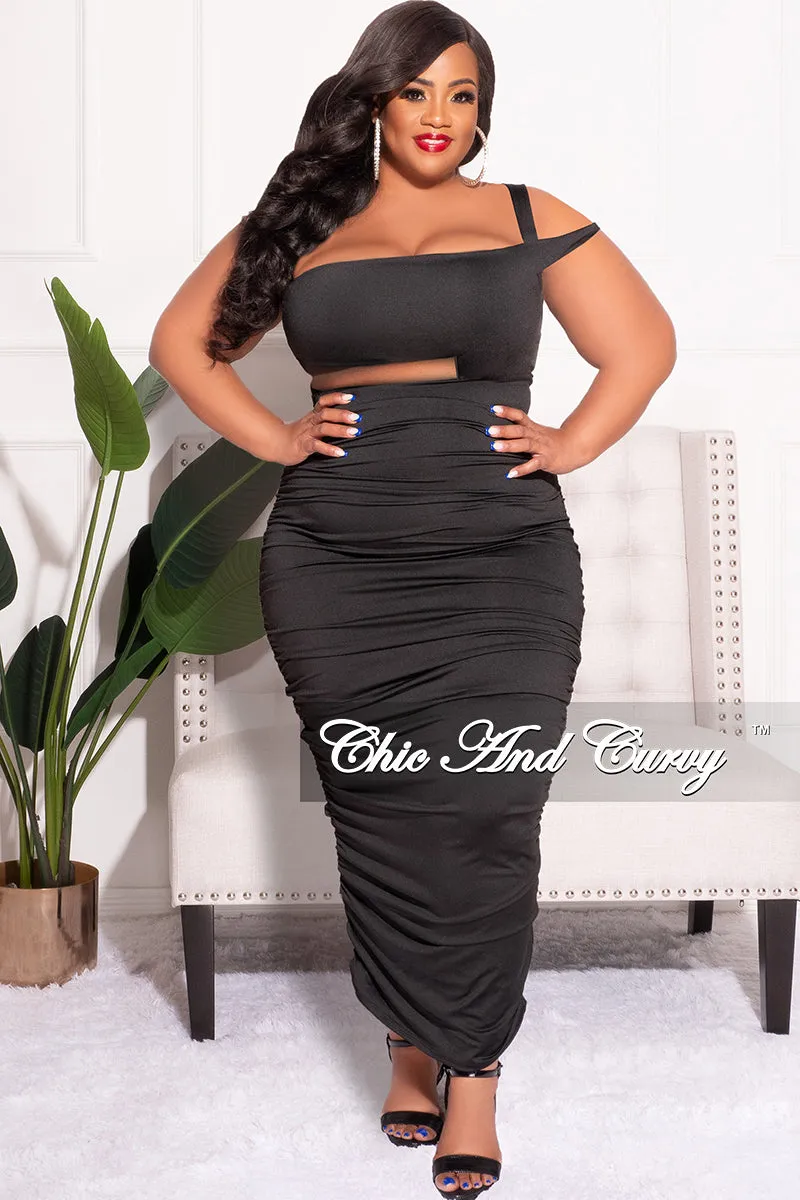 Final Sale Plus Size One Shoulder Cutout Ruched Dress in Black Travel Friendly Embroidered Detail