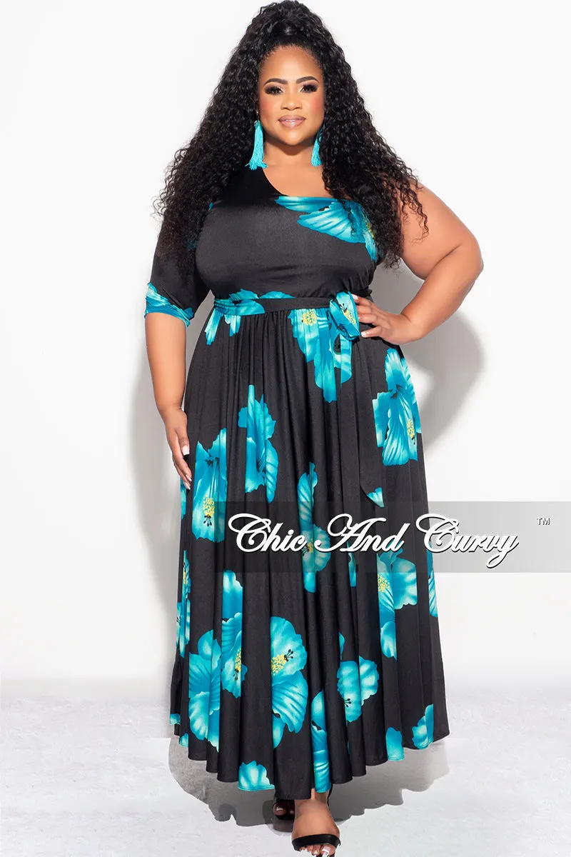 Final Sale Plus Size One Shoulder Dress in Black and Turquoise Floral Print EcoFriendlyBlend