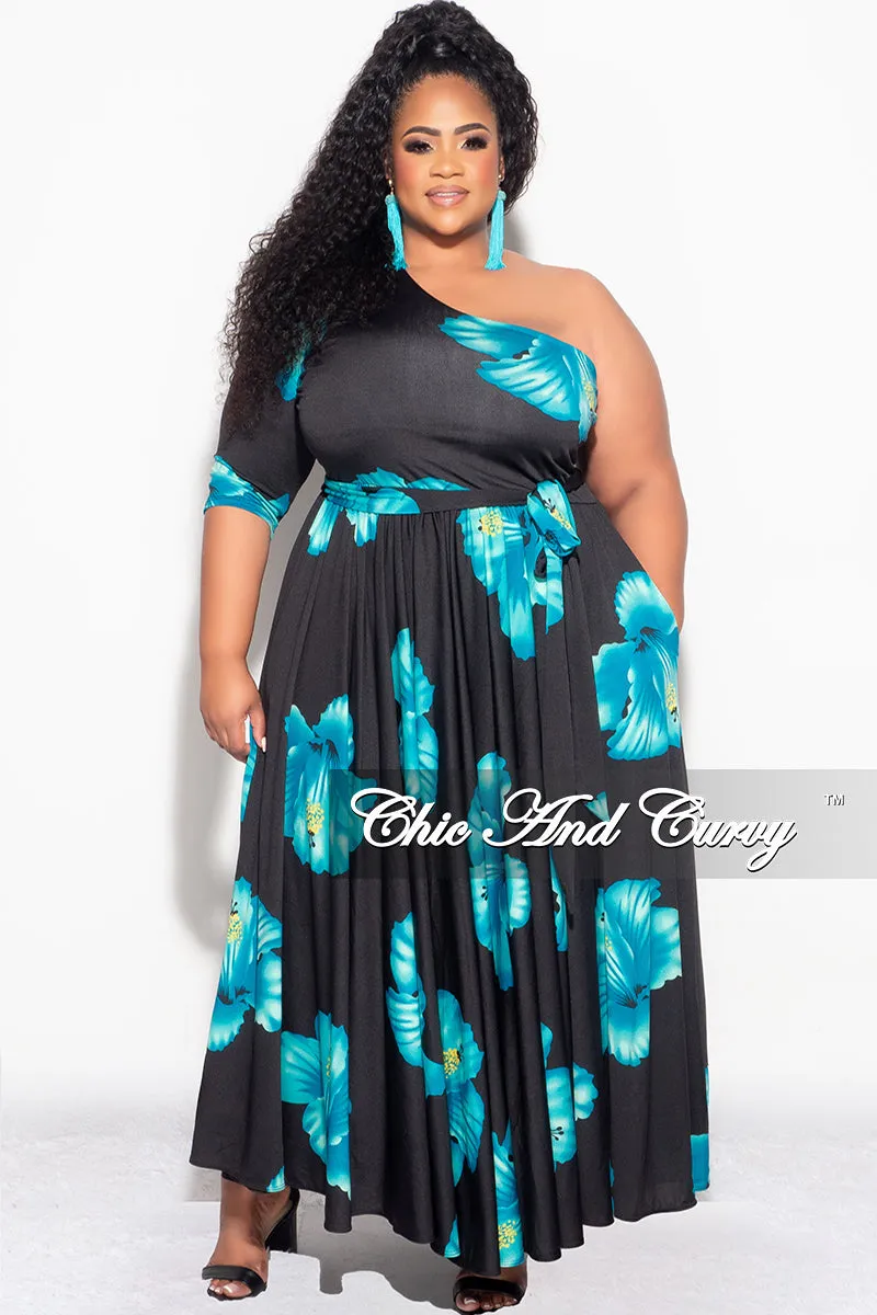 Final Sale Plus Size One Shoulder Dress in Black and Turquoise Floral Print Day Wear
