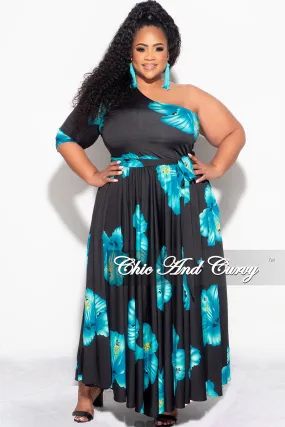 Final Sale Plus Size One Shoulder Dress in Black and Turquoise Floral Print ripstop fabric