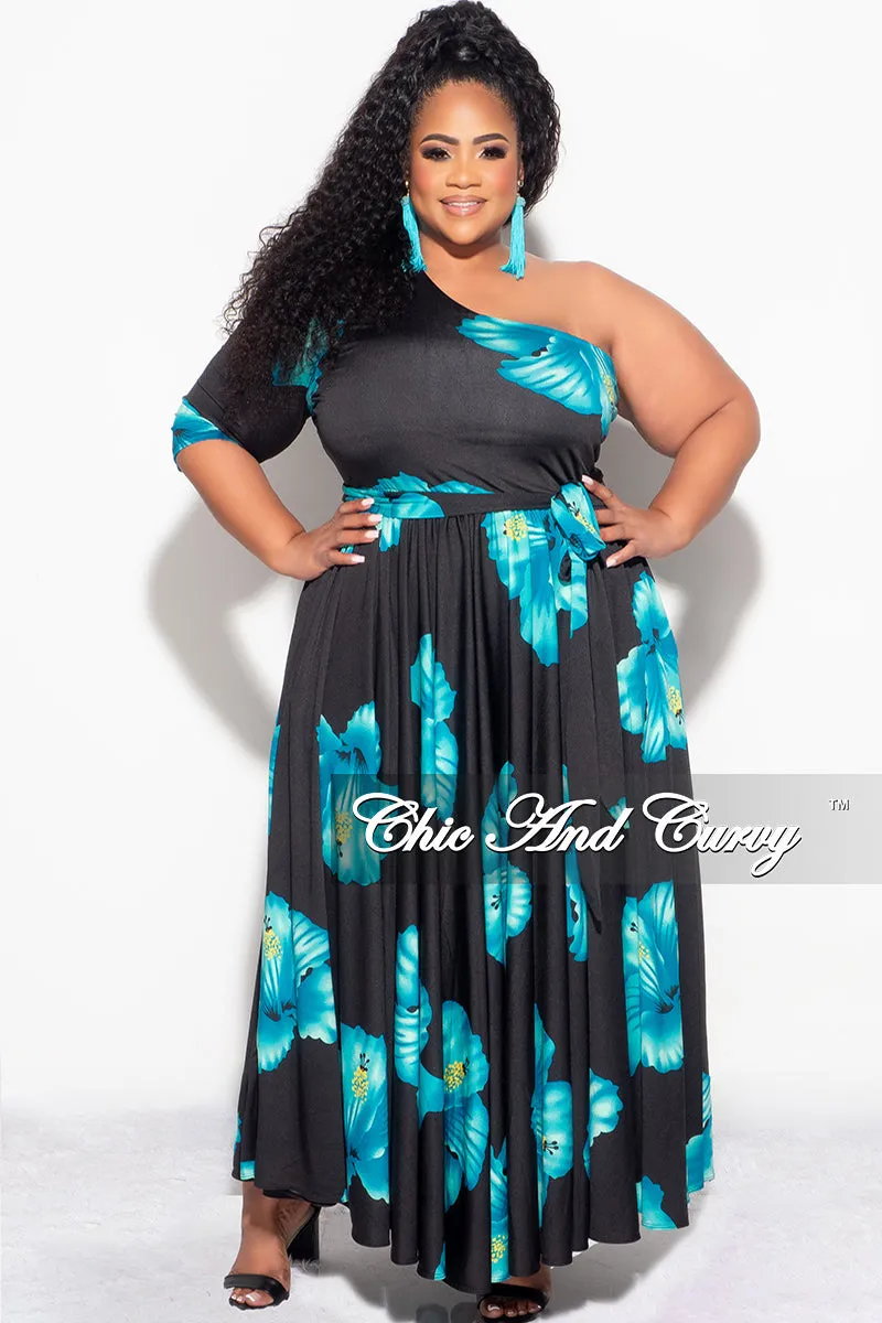 Final Sale Plus Size One Shoulder Dress in Black and Turquoise Floral Print ripstop fabric