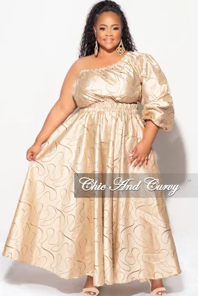 Flex Foam Inserts Solid shade Final Sale Plus Size One Shoulder  Dress with  Front Cutout and Gold and Brown Design Print