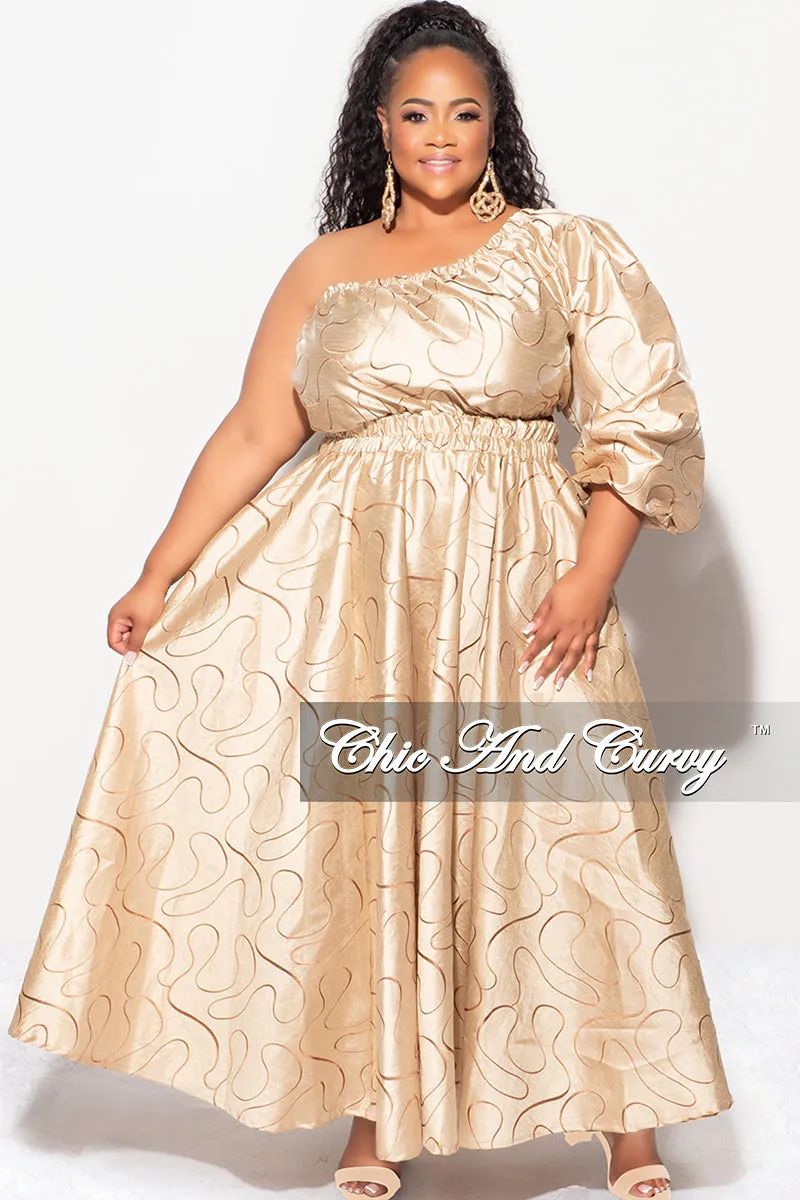 Flex Foam Inserts Solid shade Final Sale Plus Size One Shoulder  Dress with  Front Cutout and Gold and Brown Design Print