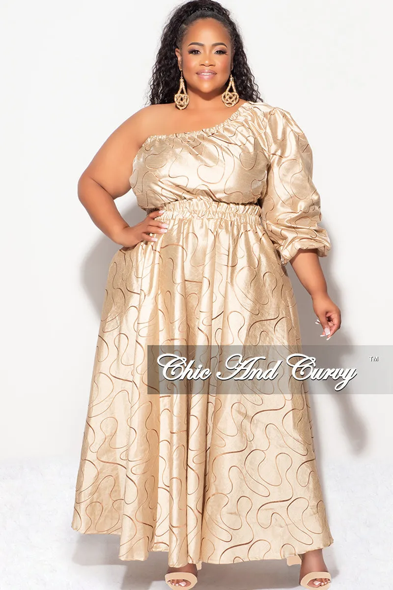 AllDayCompression Final Sale Plus Size One Shoulder  Dress with  Front Cutout and Gold and Brown Design Print