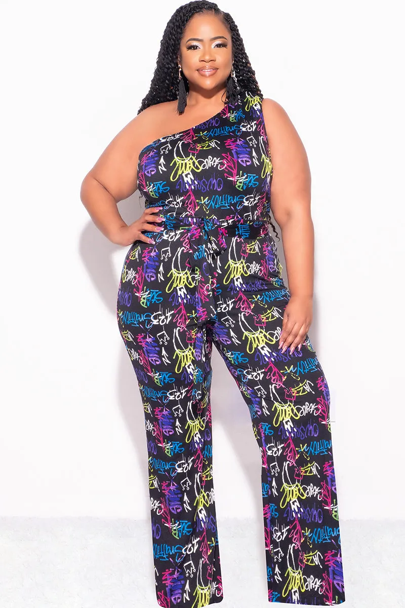 Final Sale Plus Size One Shoulder Jumpsuit in Black Multi Color Print Soft Interior