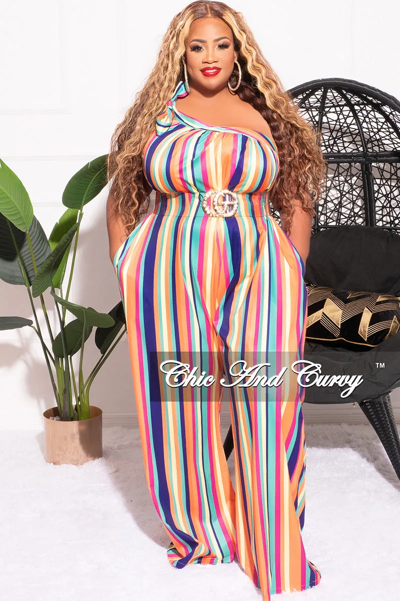 Final Sale Plus Size One Shoulder Jumpsuit in Multi Color Stripe Print Anti Static Lining