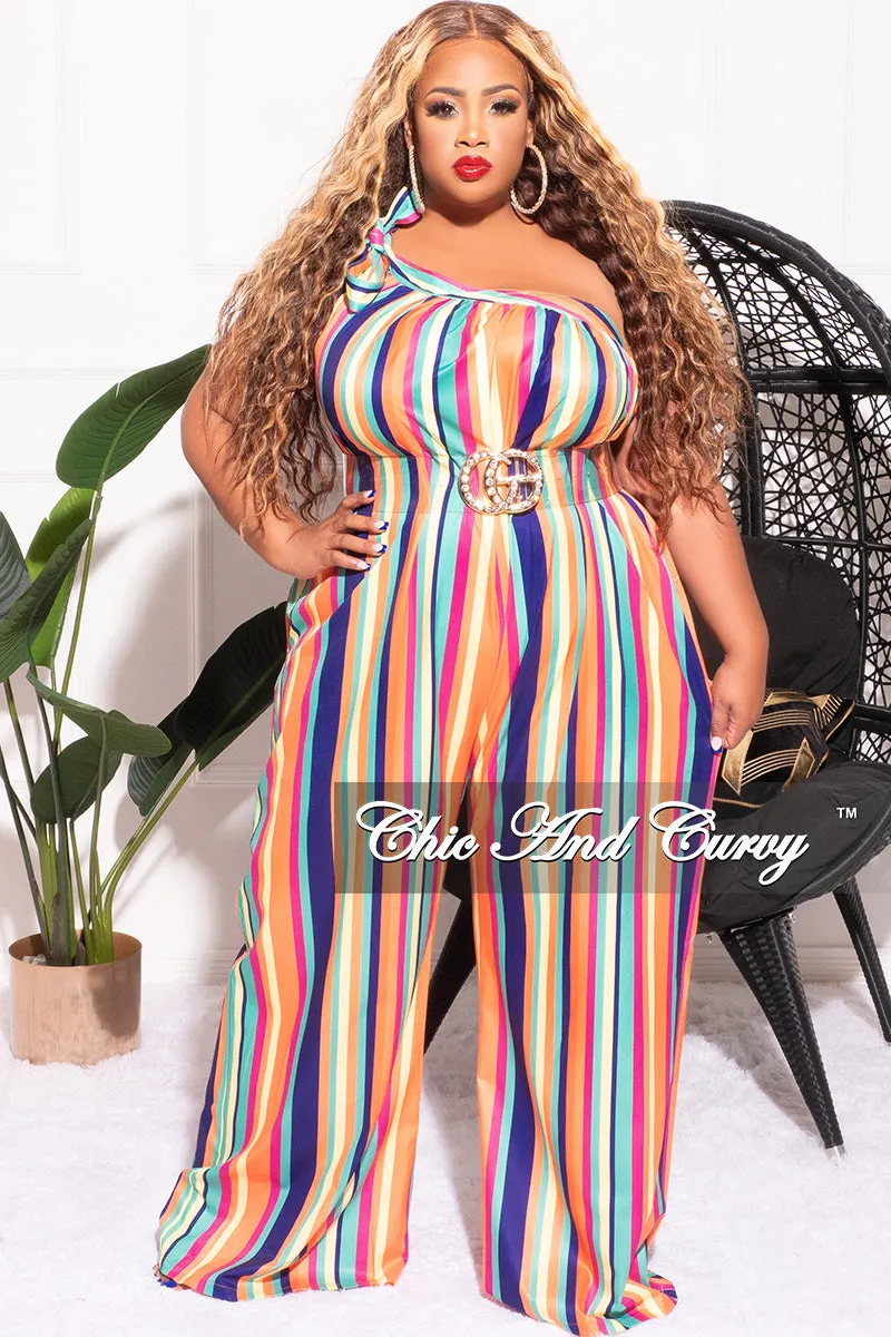 Soft Stretch Eco Dye Process Final Sale Plus Size One Shoulder Jumpsuit in Multi Color Stripe Print