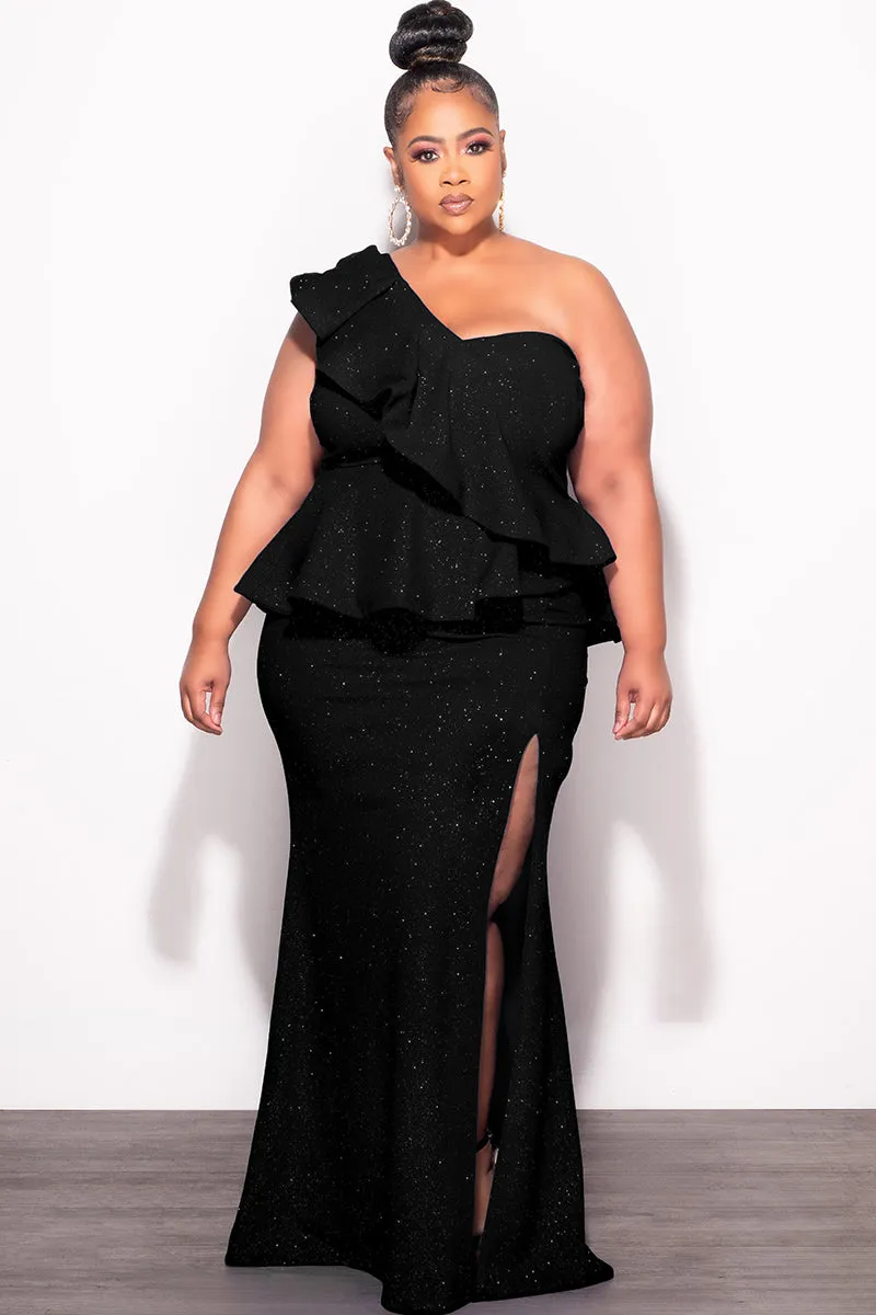 Final Sale Plus Size One Shoulder Layered Ruffle Gown in Black Glitter EcoFriendlyDye