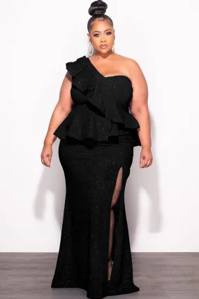 Fashion-Forward Quick Wear Final Sale Plus Size One Shoulder Layered Ruffle Gown in Black Glitter