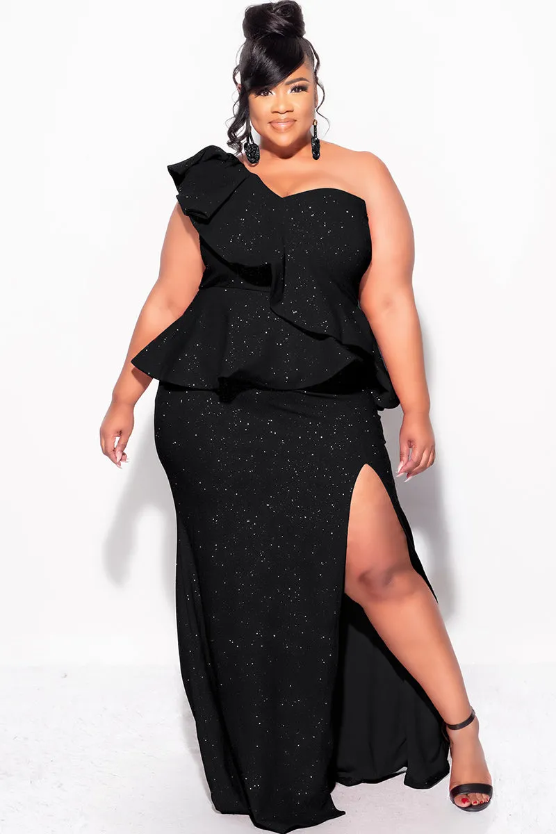 Comfy Shape Perfect Shape Final Sale Plus Size One Shoulder Layered Ruffle Gown in Black Glitter