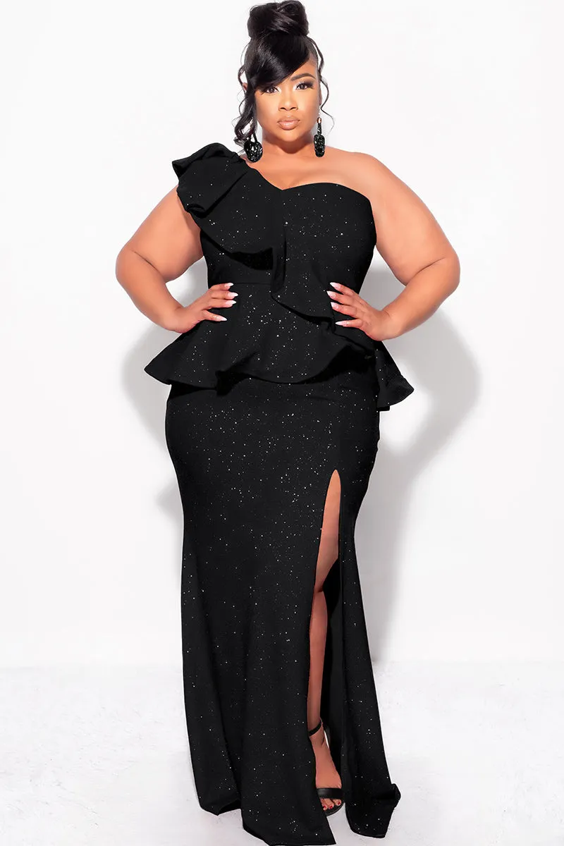 Final Sale Plus Size One Shoulder Layered Ruffle Gown in Black Glitter Sporty Appeal Comfy Essentials Wear