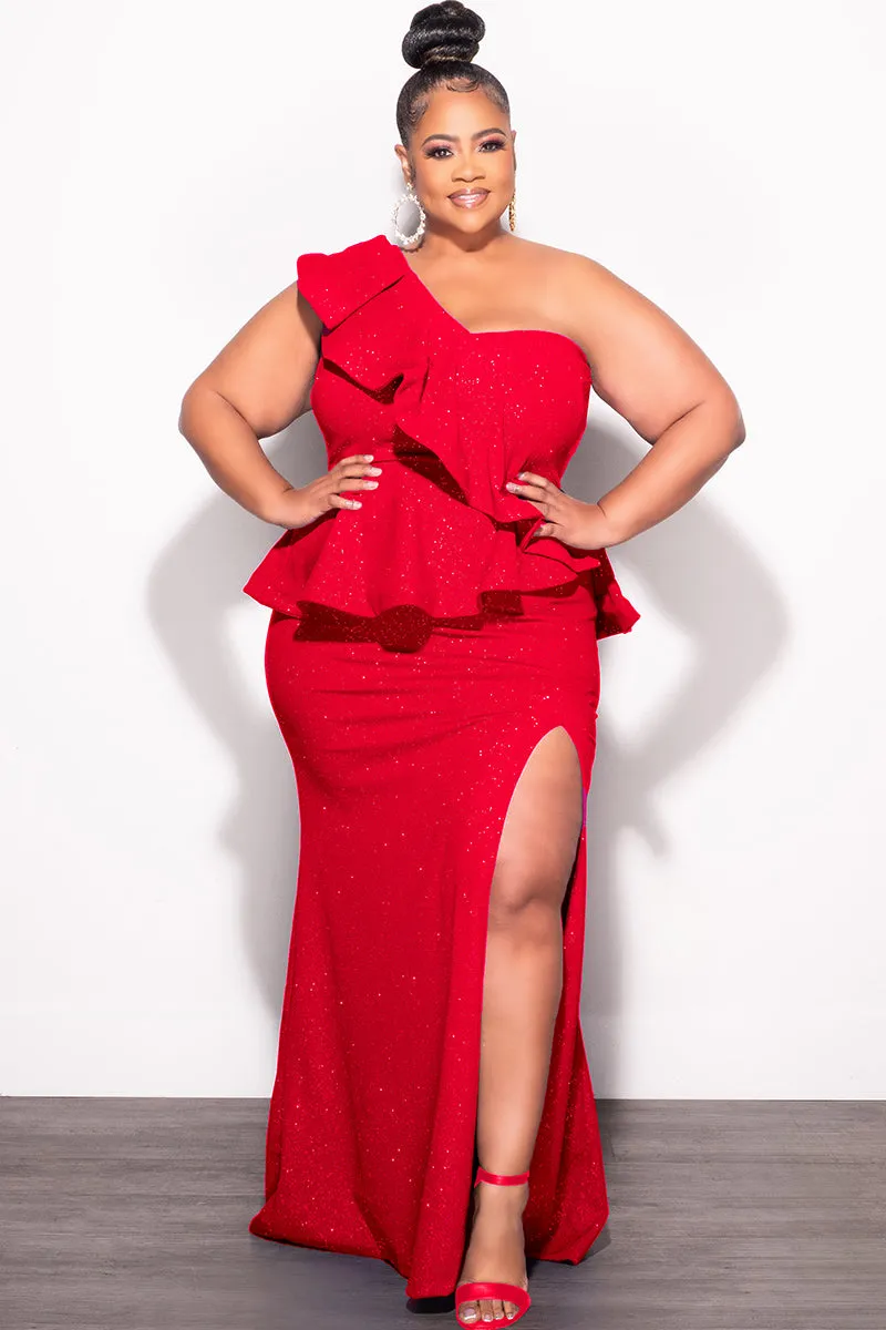 Final Sale Plus Size One Shoulder Layered Ruffle Gown in Red Glitter Non Clip Slim Fit Wear