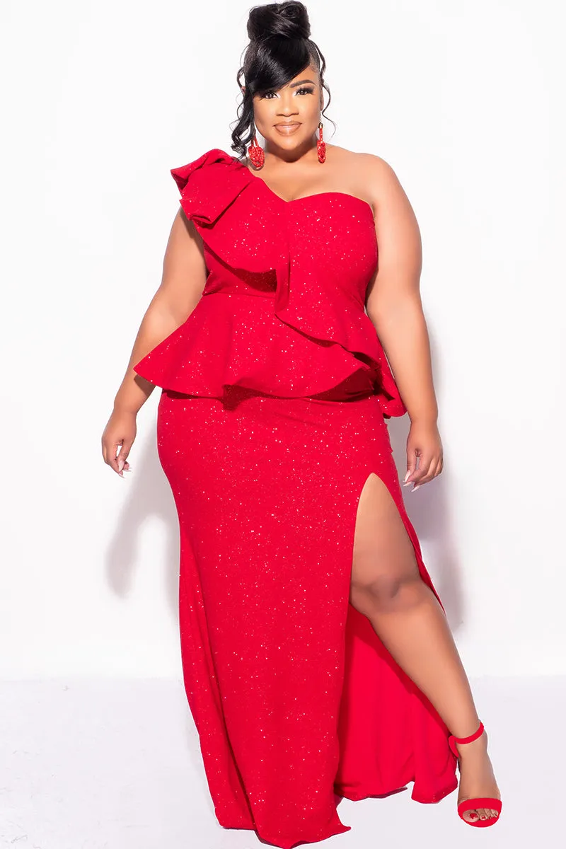 Final Sale Plus Size One Shoulder Layered Ruffle Gown in Red Glitter Smart Motion