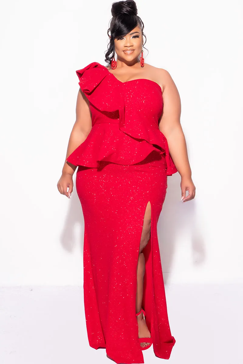 Final Sale Plus Size One Shoulder Layered Ruffle Gown in Red Glitter MoistureWickingFabric Weekend Ready