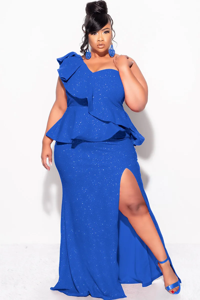 Stretchable Wear Final Sale Plus Size One Shoulder Layered Ruffle Gown in Royal Blue Glitter