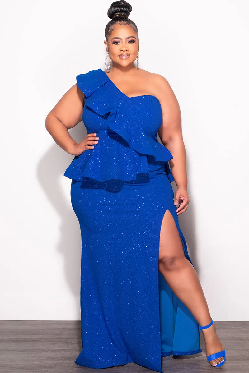 Final Sale Plus Size One Shoulder Layered Ruffle Gown in Royal Blue Glitter Non-Binding Fit
