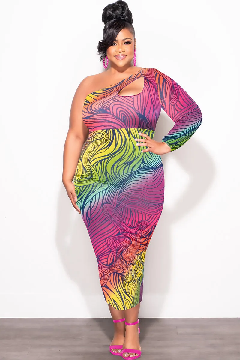 Chilly Wear Snag Proof Fabric Final Sale Plus Size One Shoulder Midi Dress in Fuchsia Yellow and Green Design Print