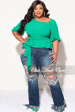 Comfortable Look Wear Final Sale Plus Size One Shoulder Peplum Top in Green