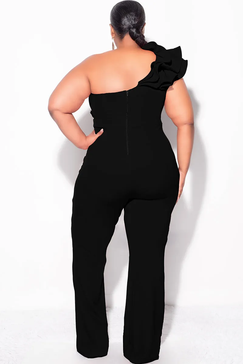 Final Sale Plus Size One Shoulder Ruffle Trim Jumpsuit in Black Non Irritating