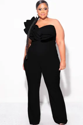Core Stretch Final Sale Plus Size One Shoulder Ruffle Trim Jumpsuit in Black
