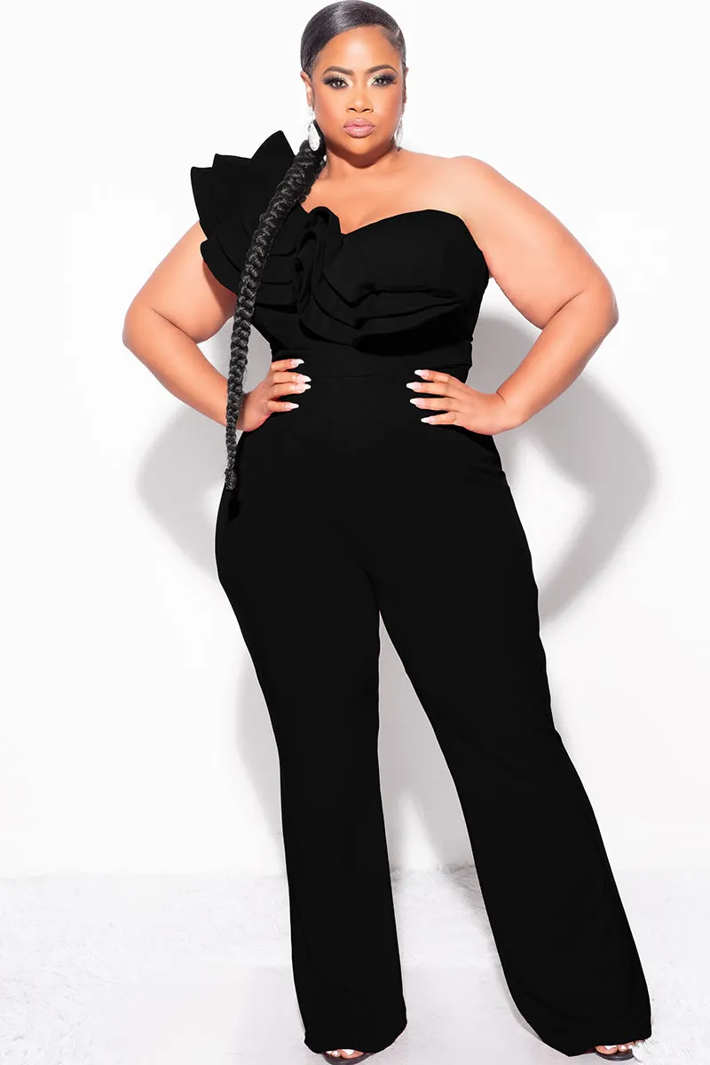 Final Sale Plus Size One Shoulder Ruffle Trim Jumpsuit in Black Light Coverage Non Restrictive Cut