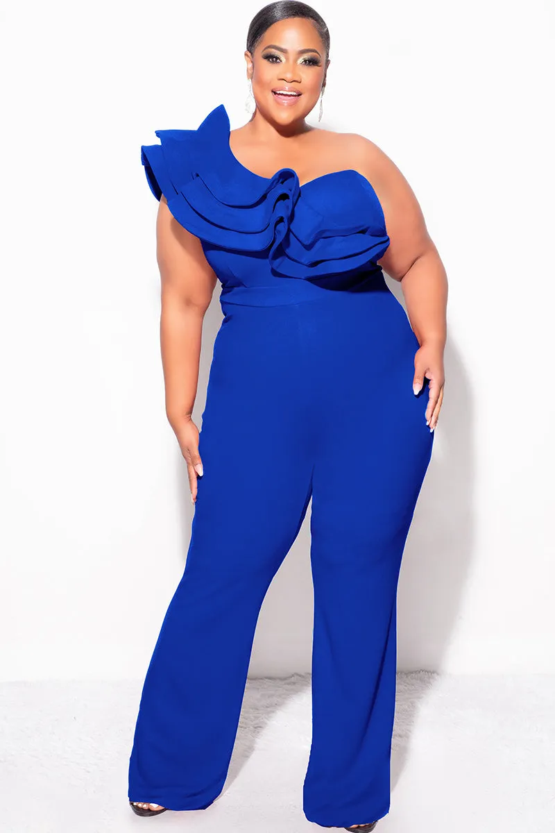 Final Sale Plus Size One Shoulder Ruffle Trim Jumpsuit in Royal Blue Office Wear Quick Dry Wear