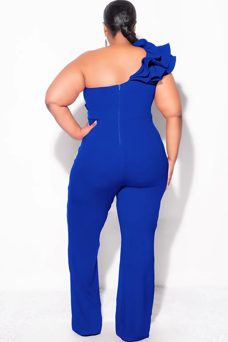 Final Sale Plus Size One Shoulder Ruffle Trim Jumpsuit in Royal Blue Snag Resistant Fabric Practical Comfort