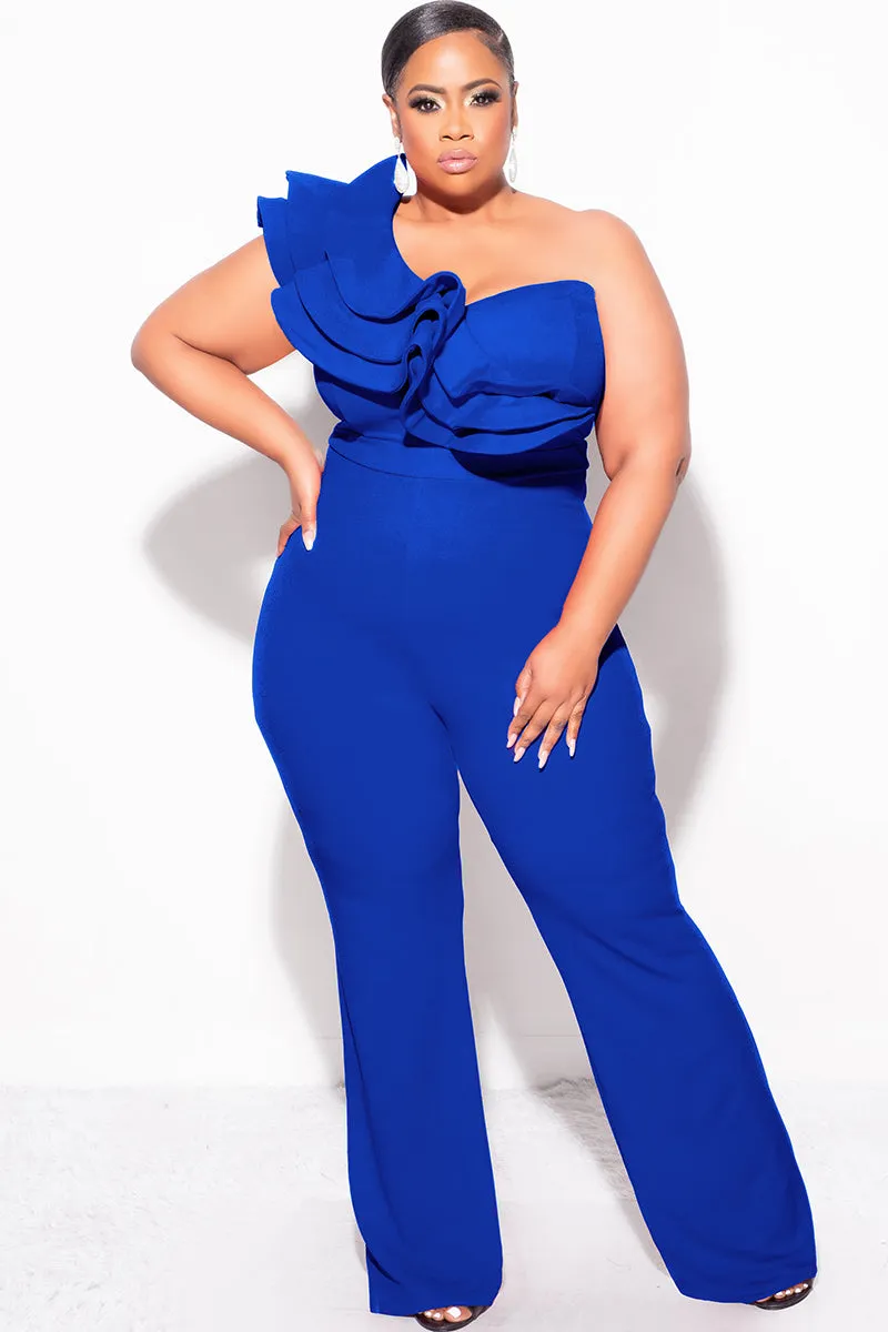 Non Irritating Tags Comfy Texture Final Sale Plus Size One Shoulder Ruffle Trim Jumpsuit in Royal Blue