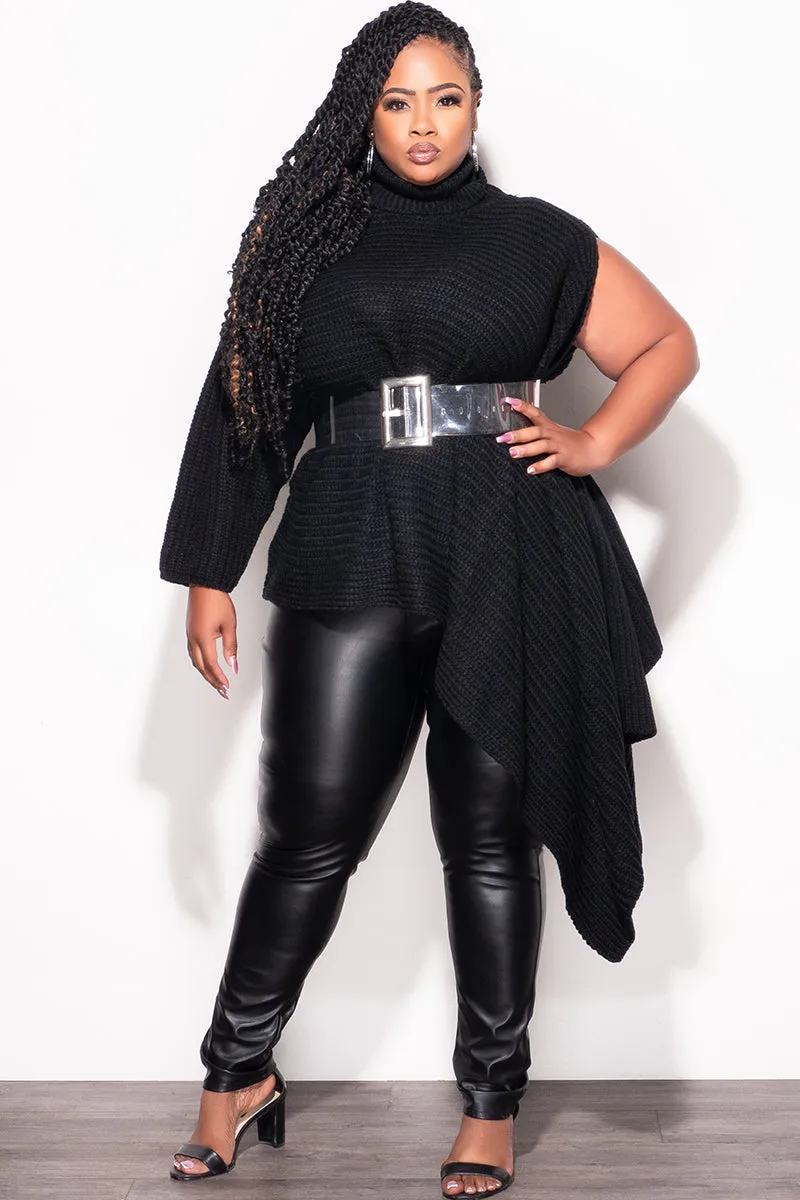 Final Sale Plus Size One Shoulder Turtleneck Sweater Poncho in Black StaticResistantMaterial Outdoor Essentials