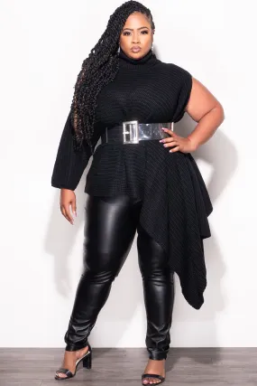 Relaxed Fit Effortless Design Final Sale Plus Size One Shoulder Turtleneck Sweater Poncho in Black